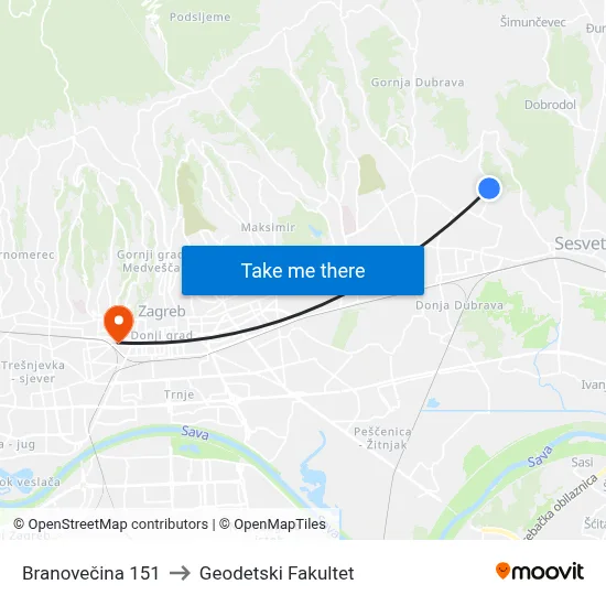 Branovečina 151 to Geodetski Fakultet map