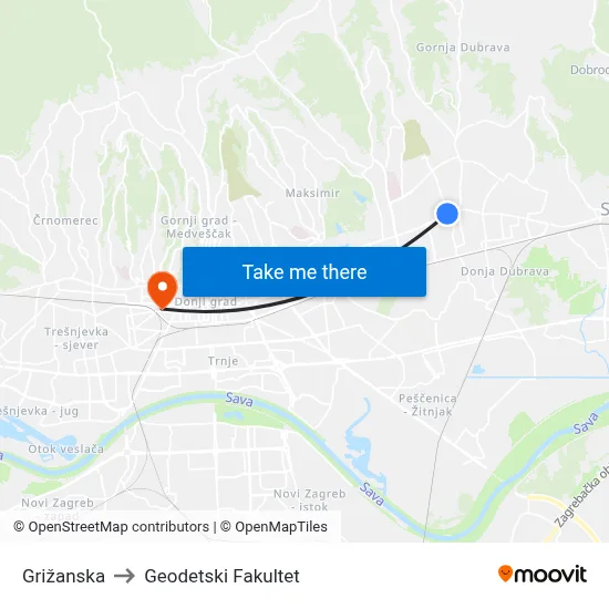 Grižanska to Geodetski Fakultet map
