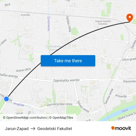 Jarun-Zapad to Geodetski Fakultet map