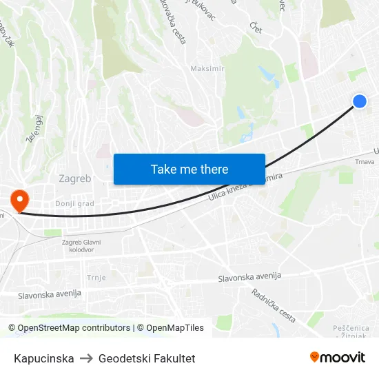 Kapucinska to Geodetski Fakultet map