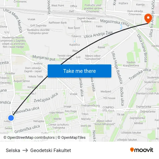 Selska to Geodetski Fakultet map