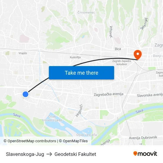 Slavenskoga-Jug to Geodetski Fakultet map