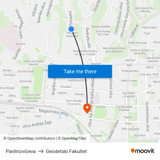 Pavlinovićeva to Geodetski Fakultet map