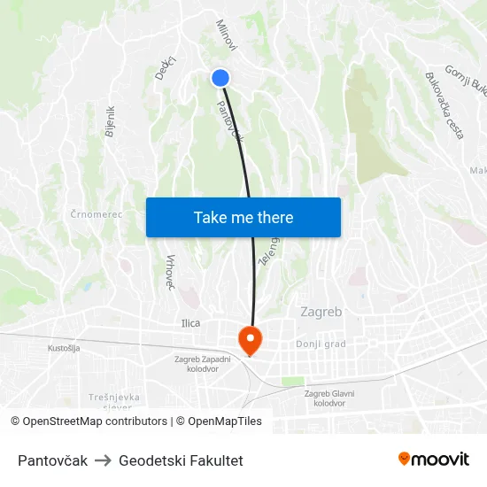 Pantovčak to Geodetski Fakultet map