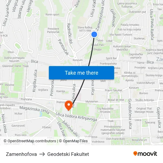 Zamenhofova to Geodetski Fakultet map