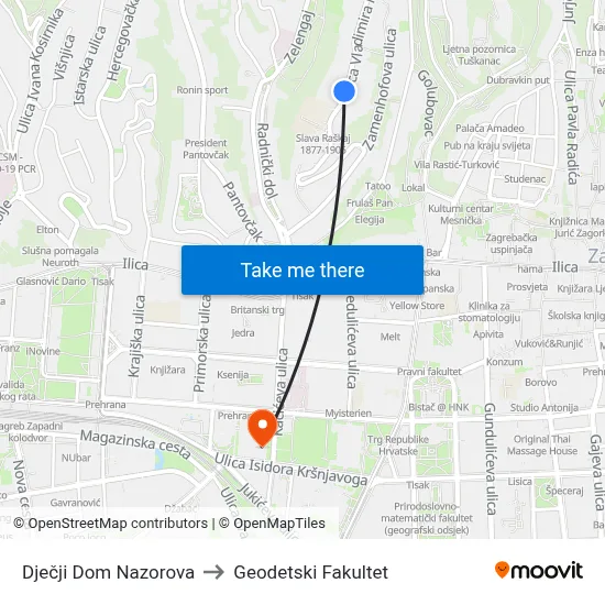 Dječji Dom Nazorova to Geodetski Fakultet map