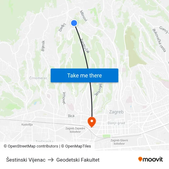 Šestinski Vijenac to Geodetski Fakultet map