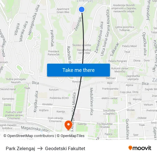 Park Zelengaj to Geodetski Fakultet map