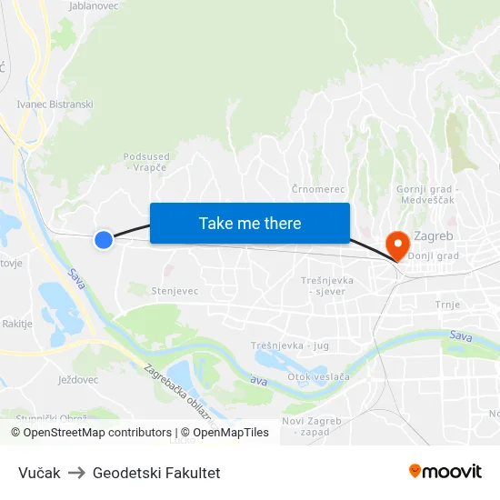 Vučak to Geodetski Fakultet map