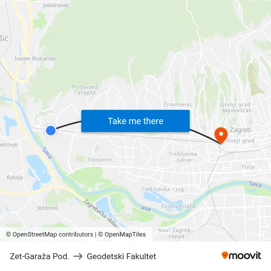 Zet-Garaža Pod. to Geodetski Fakultet map