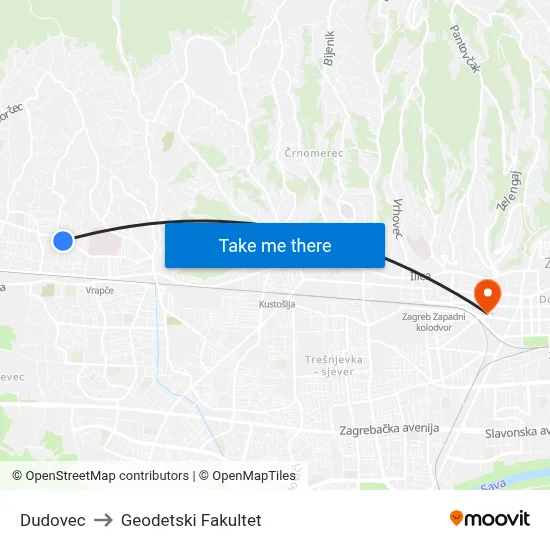 Dudovec to Geodetski Fakultet map