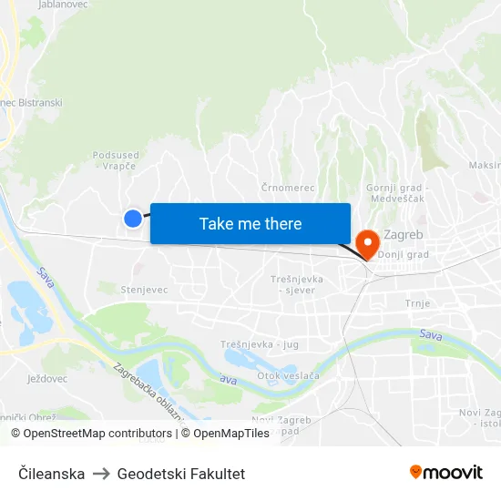 Čileanska to Geodetski Fakultet map