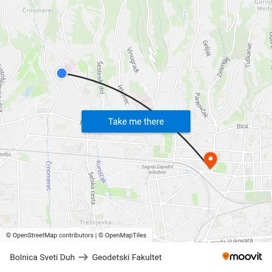 Bolnica Sveti Duh to Geodetski Fakultet map