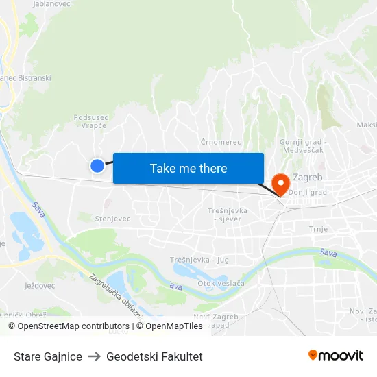 Stare Gajnice to Geodetski Fakultet map