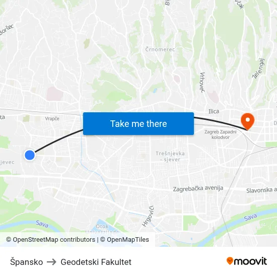 Špansko to Geodetski Fakultet map