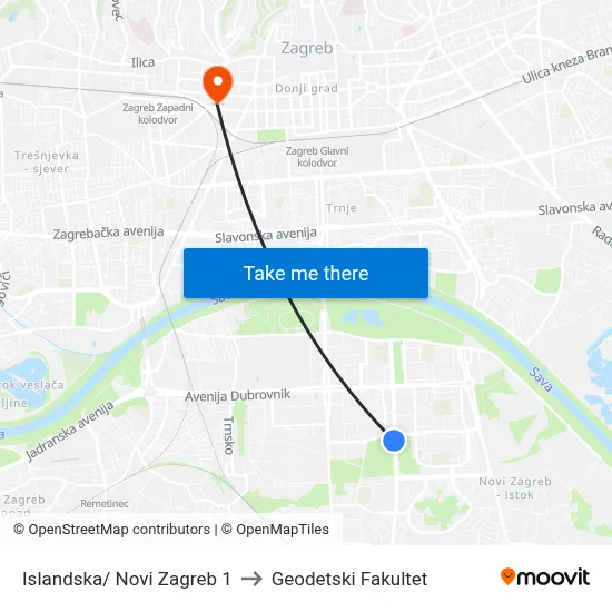 Islandska/ Novi Zagreb 1 to Geodetski Fakultet map
