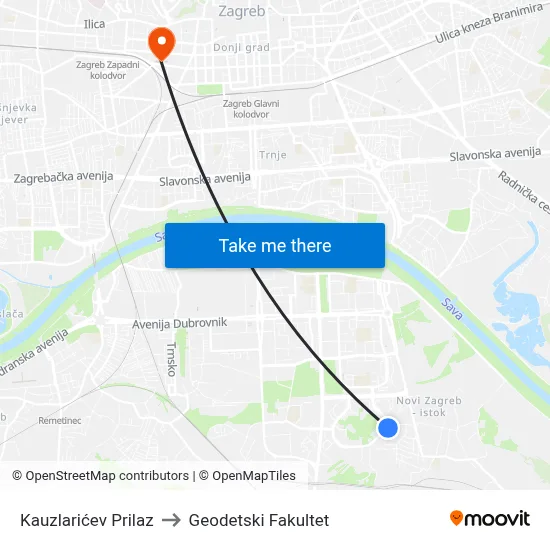 Kauzlarićev Prilaz to Geodetski Fakultet map