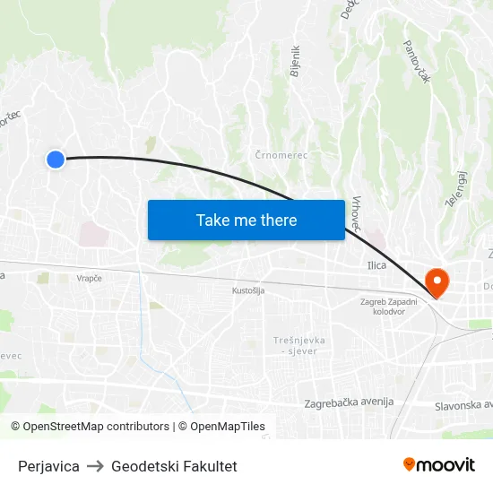 Perjavica to Geodetski Fakultet map
