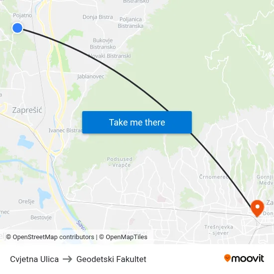Cvjetna Ulica to Geodetski Fakultet map