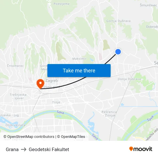 Grana to Geodetski Fakultet map