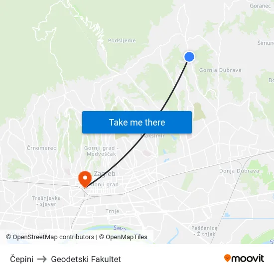 Čepini to Geodetski Fakultet map