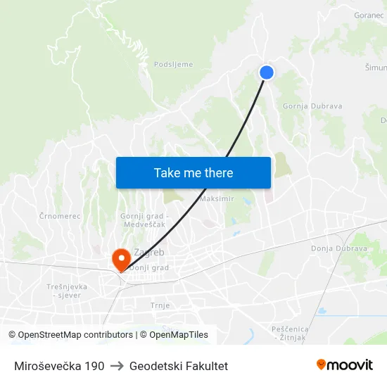 Miroševečka 190 to Geodetski Fakultet map