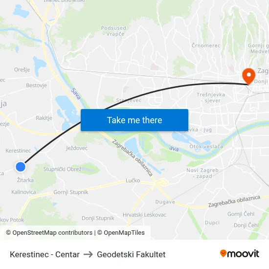 Kerestinec - Centar to Geodetski Fakultet map