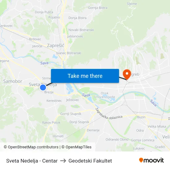 Sveta Nedelja - Centar to Geodetski Fakultet map