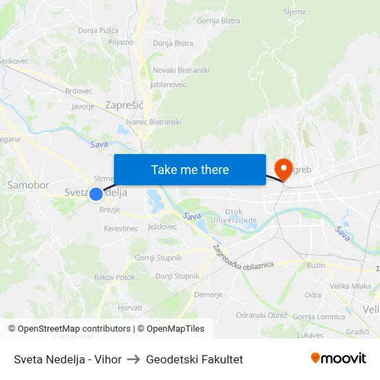 Sveta Nedelja - Vihor to Geodetski Fakultet map