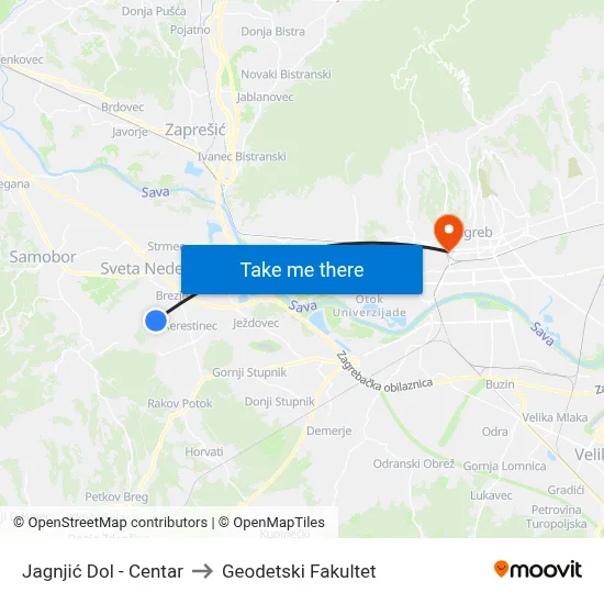 Jagnjić Dol - Centar to Geodetski Fakultet map