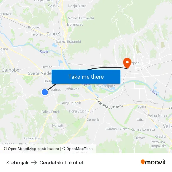 Srebrnjak to Geodetski Fakultet map