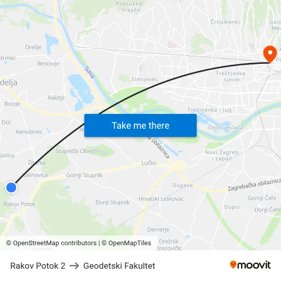 Rakov Potok 2 to Geodetski Fakultet map