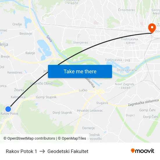 Rakov Potok 1 to Geodetski Fakultet map