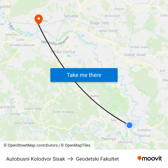 Autobusni Kolodvor Sisak to Geodetski Fakultet map