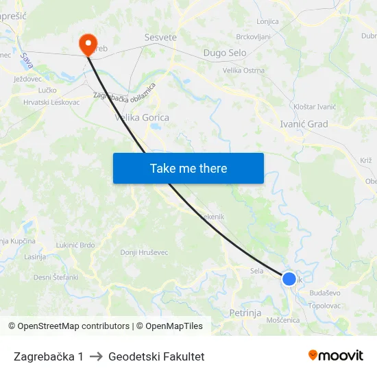 Zagrebačka 1 to Geodetski Fakultet map