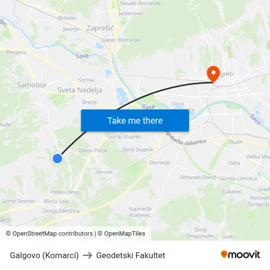 Galgovo (Komarci) to Geodetski Fakultet map