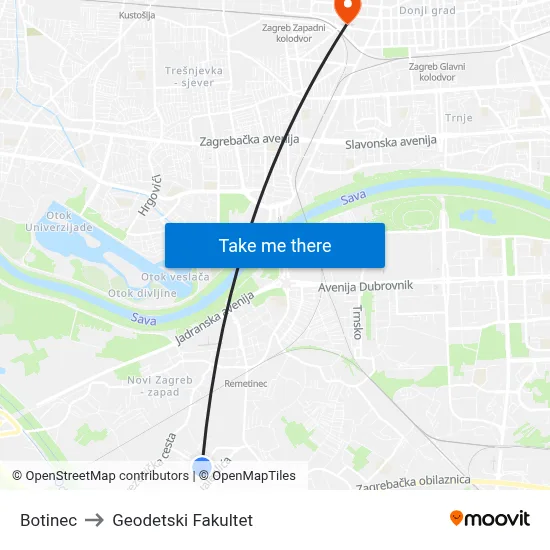 Botinec to Geodetski Fakultet map