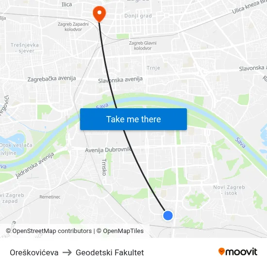 Oreškovićeva to Geodetski Fakultet map