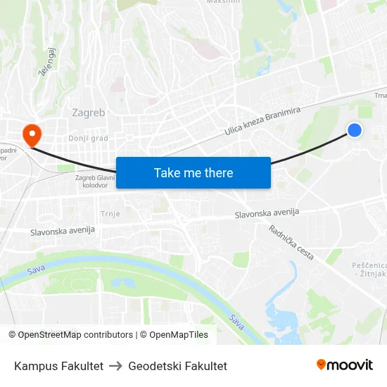 Kampus Fakultet to Geodetski Fakultet map