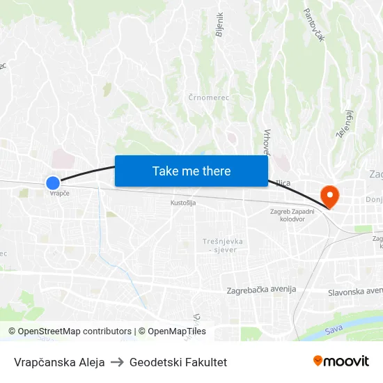 Vrapčanska Aleja to Geodetski Fakultet map