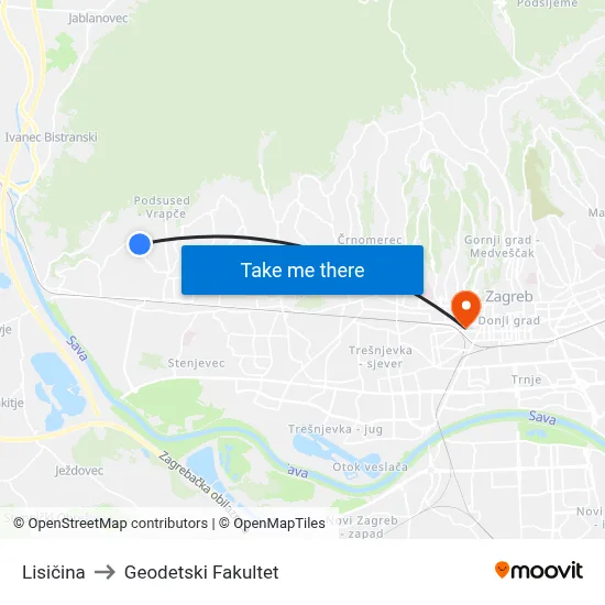 Lisičina to Geodetski Fakultet map