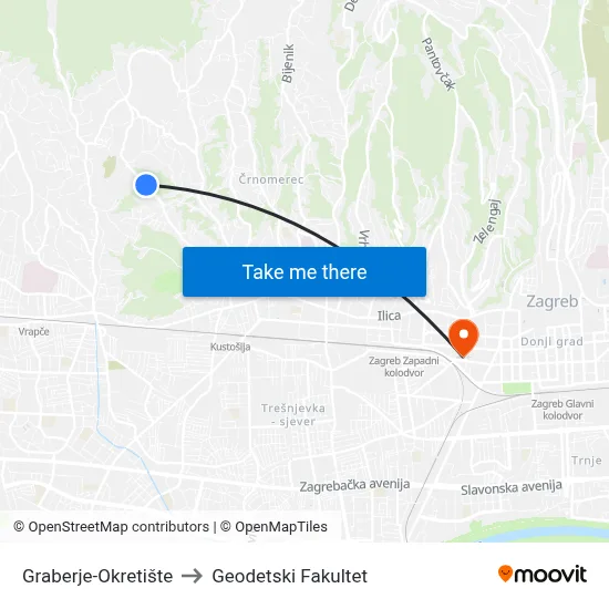 Graberje-Okretište to Geodetski Fakultet map