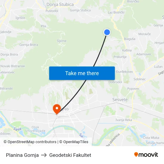 Planina Gornja to Geodetski Fakultet map