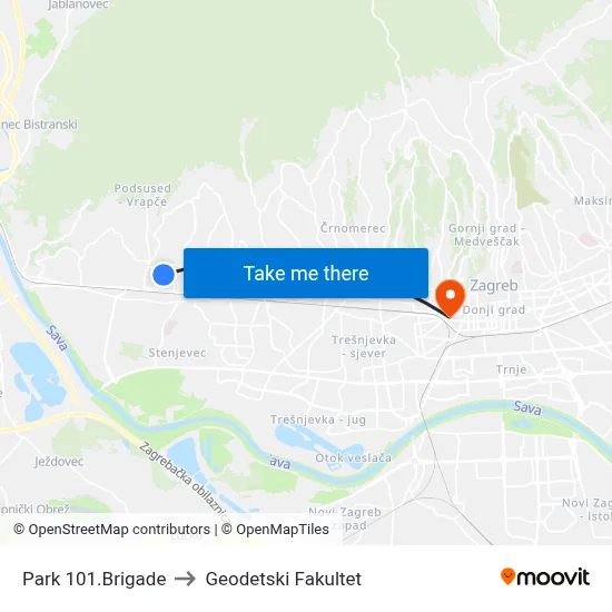 Park 101.Brigade to Geodetski Fakultet map