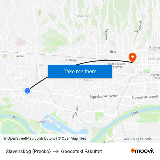Slavenskog (Prečko) to Geodetski Fakultet map