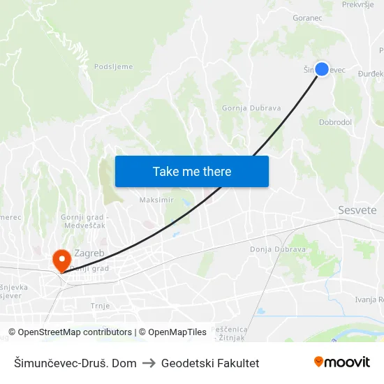 Šimunčevec-Druš. Dom to Geodetski Fakultet map