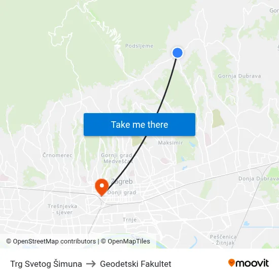 Trg Svetog Šimuna to Geodetski Fakultet map