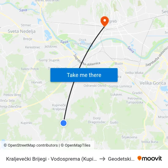 Kraljevečki Brijegi - Vodosprema (Kupinečki Kraljevac - Tihi Gaj) to Geodetski Fakultet map