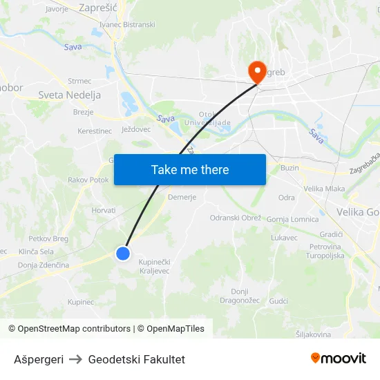 Ašpergeri to Geodetski Fakultet map