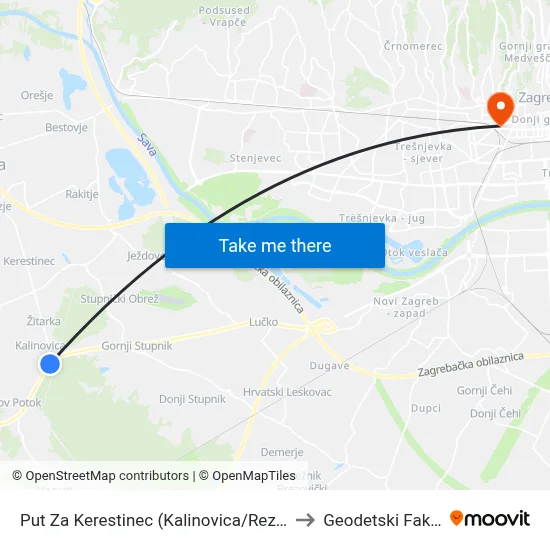 Put Za Kerestinec (Kalinovica/Rezborišće) to Geodetski Fakultet map